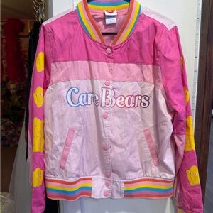 Juniors Care Bears Pink Rainbow-Trim Colorblock Bomber Jacket